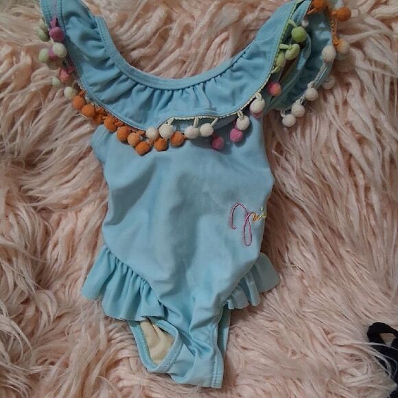 Juicy Couture Blue Ruffled Swimsuit with Pom Pom Trim Size 12M - Picture 1 of 7